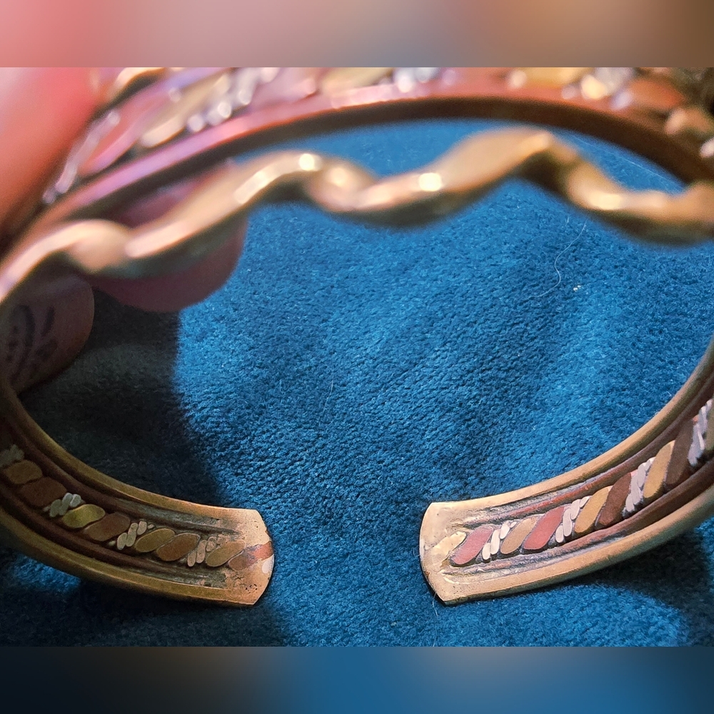 Vintage Mixed Metal Cuff Bracelet Boho Southwestern Brass Copper Layered Artisan - Picture 6 of 8